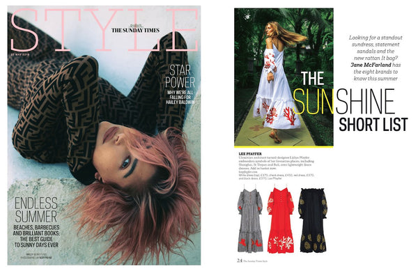 Lee Pfayfer dresses are on the pages of The Sunday Times