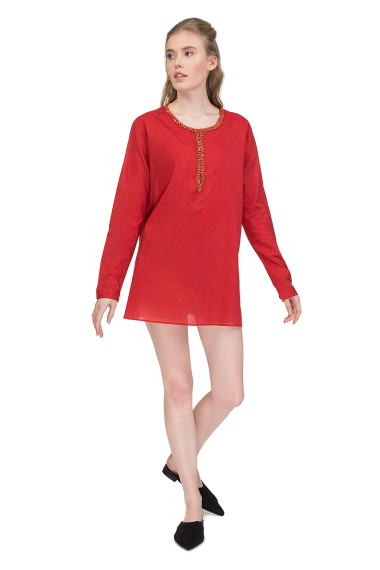 Divine red cotton tunic with long sleeves